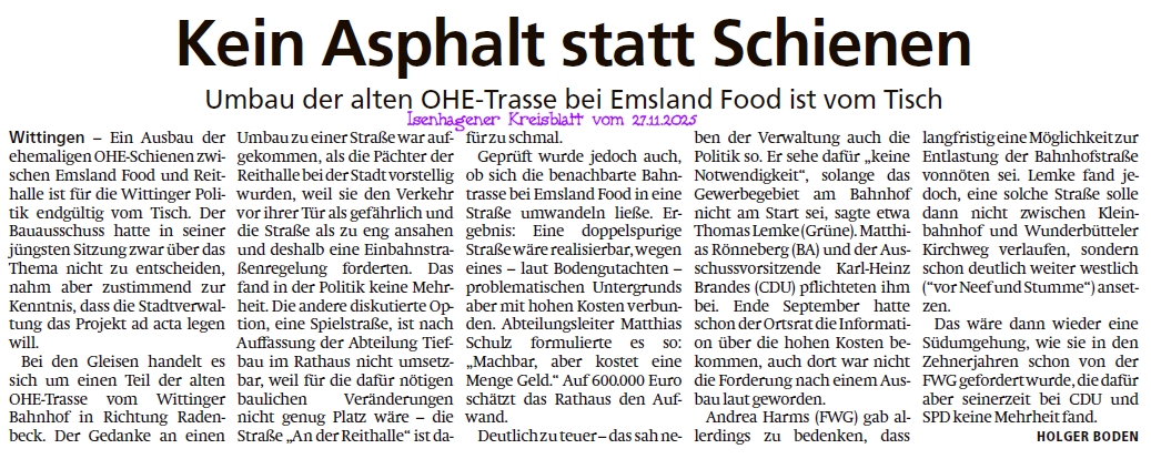 Kein Asphalt statt Schienen auf der alten OHE-Trasse